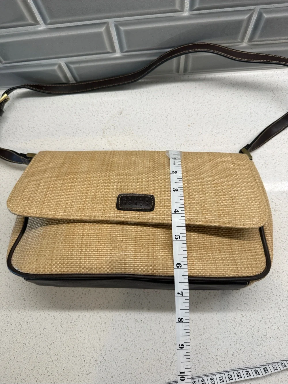 Crazy Horse Women’s Beige Crossbody Shoulder Bag with Dark Brown Trim